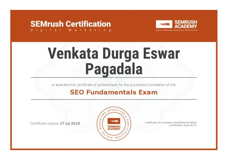 SEMrush SEO Fundamentals Exam certificate in Venkata's name
