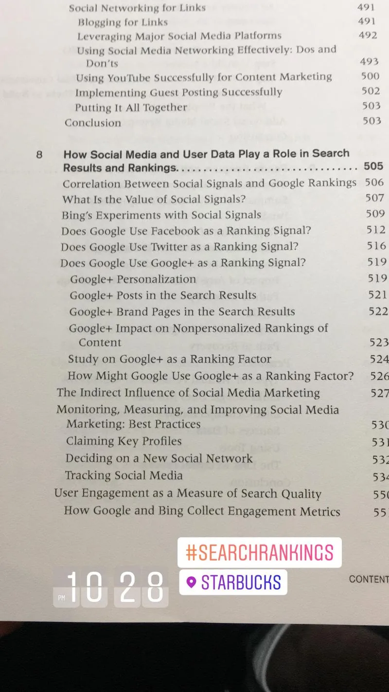 Photo of book contents page on social signals and search rankings