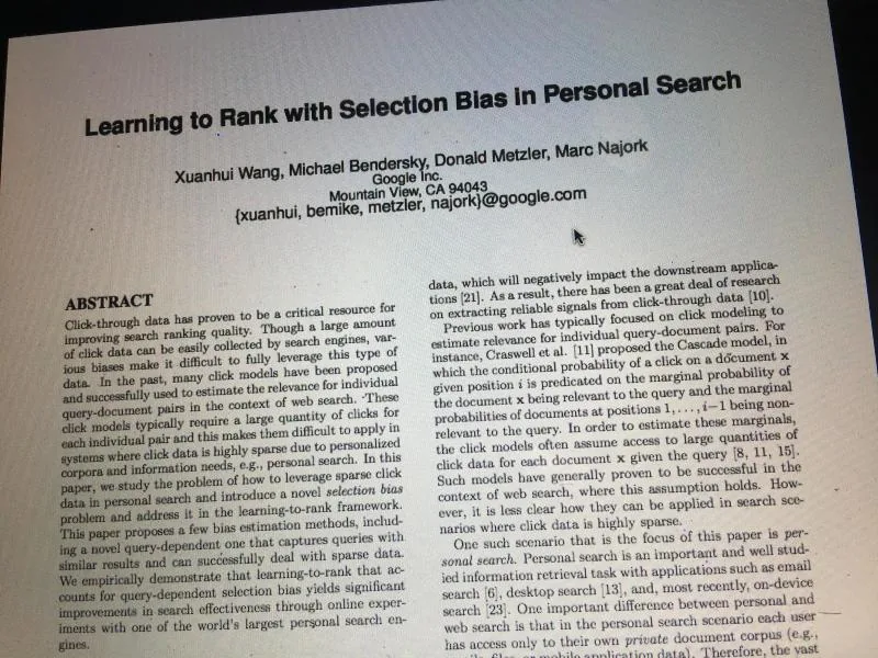 Photo of research paper title page on learning to rank