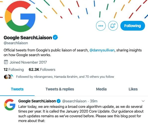 Google SearchLiaison Twitter profile announcing January 2020 core update