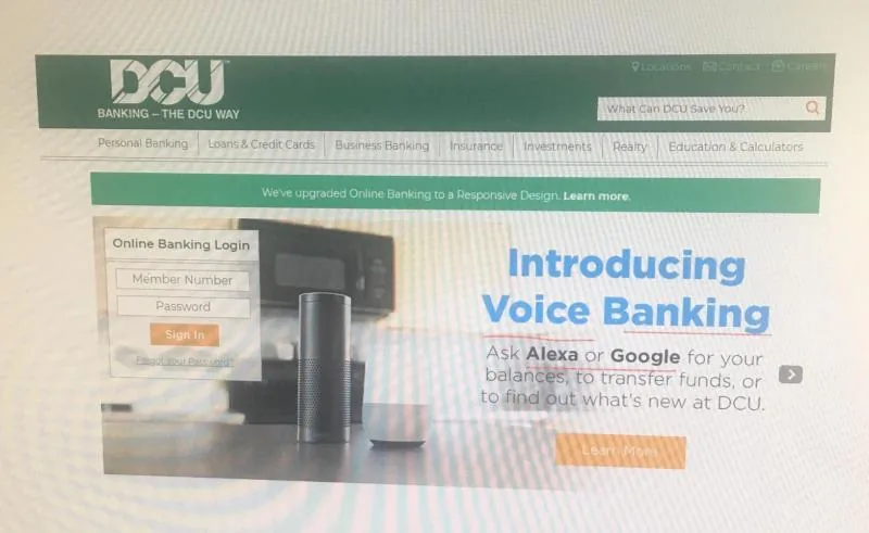 Photo of DCU bank website promoting voice banking via Alexa/Google