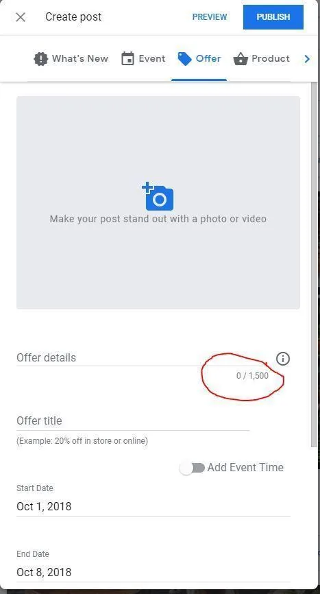 Google My Business-style "Create post" Offer form, 1,500-character limit circled