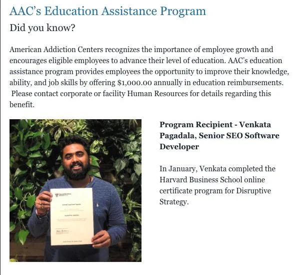 AAC newsletter item: Venkata as Education Assistance Program recipient holding certificate