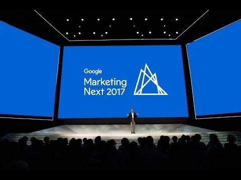 Google Marketing Next 2017 keynote stage with large blue screens