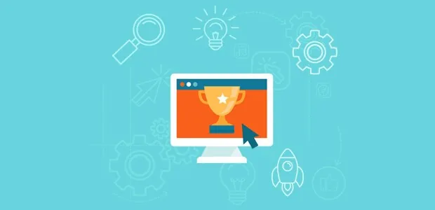 Flat illustration of a monitor with trophy and icons