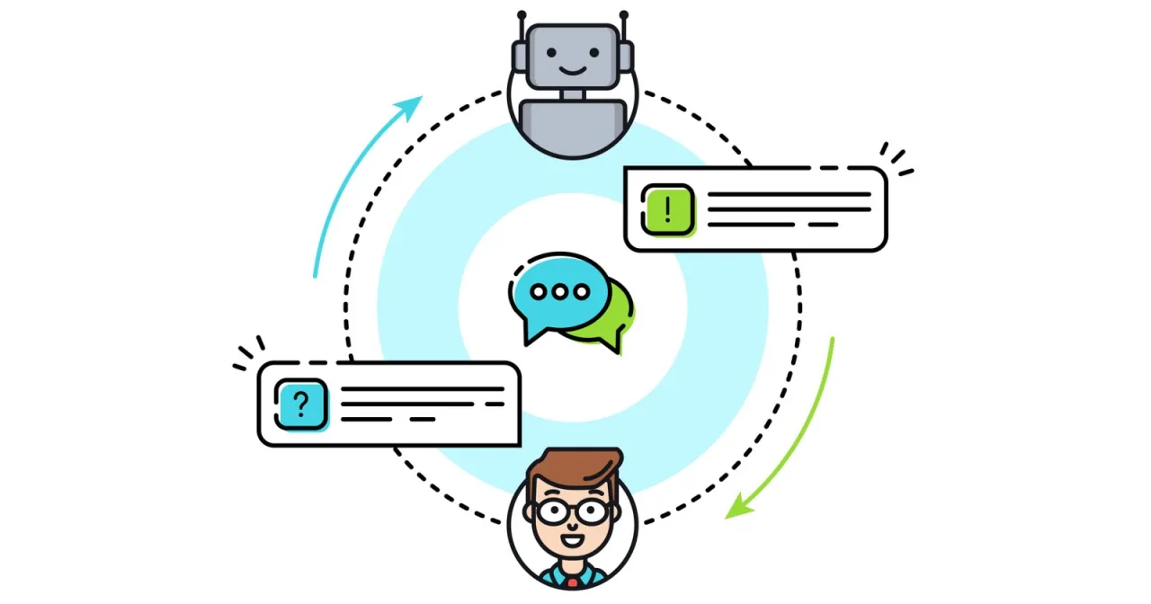 Chatbot illustration: robot and person exchanging chat bubbles