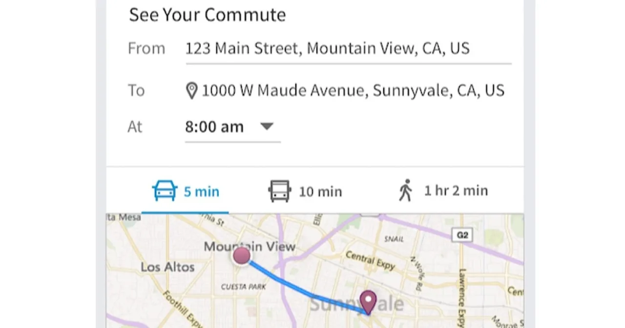 "See Your Commute" map demo, Mountain View to Sunnyvale, sample addresses