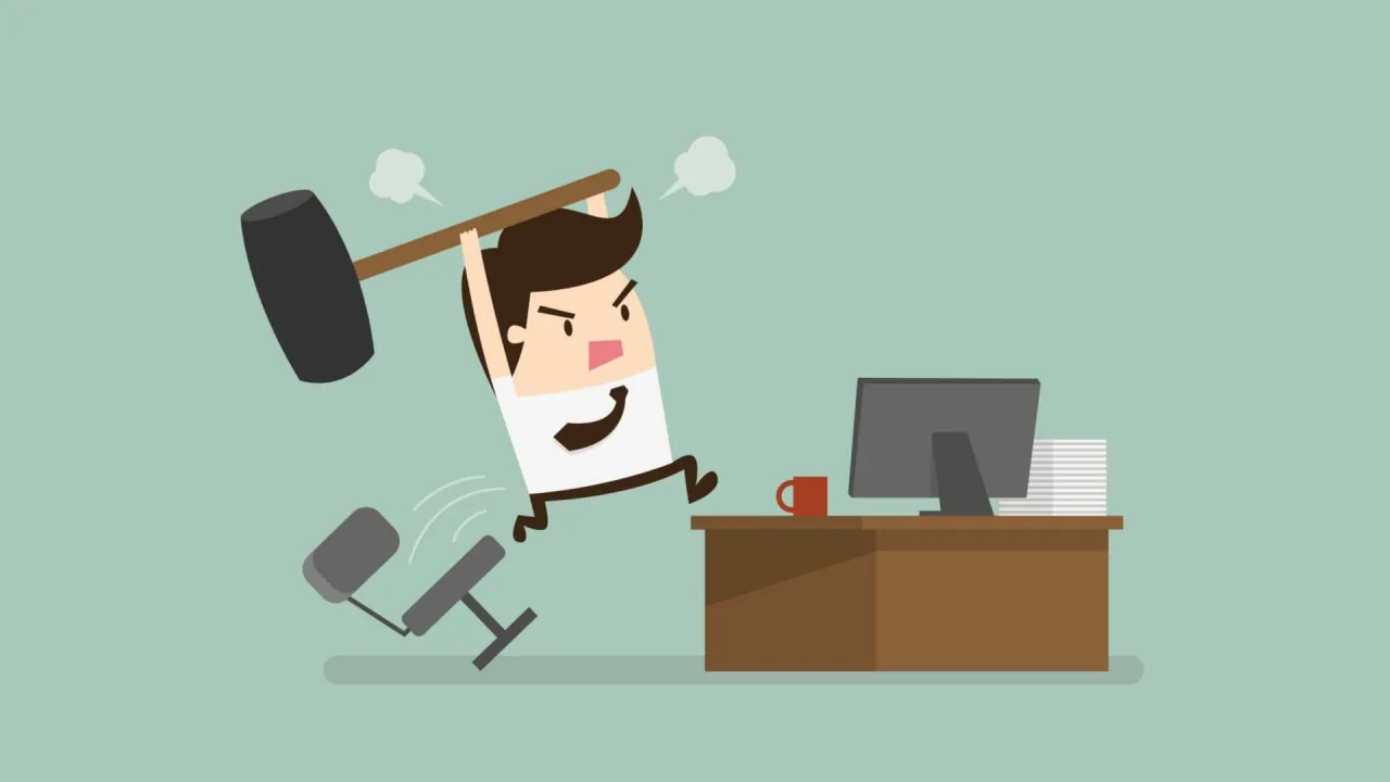 Cartoon of frustrated man smashing a computer with a hammer