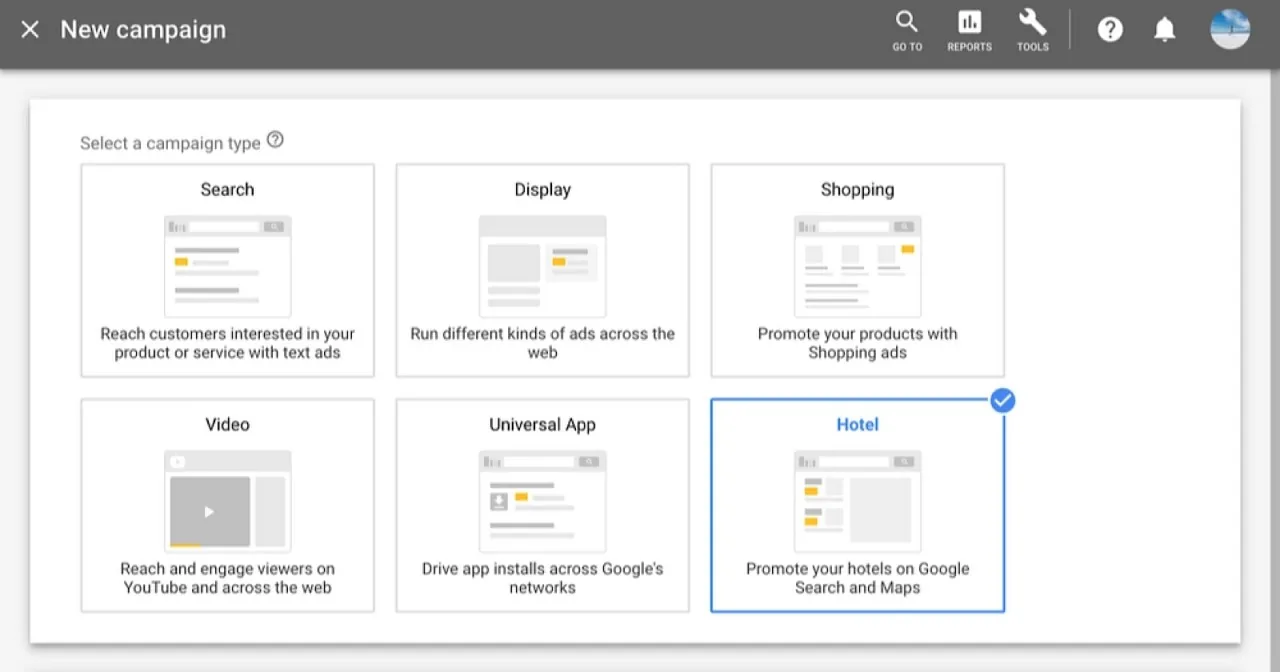 Google Ads "New campaign" type selection screen