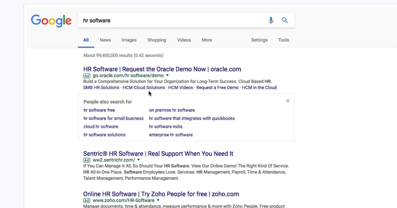 Google results for "hr software" with ads and People also search for