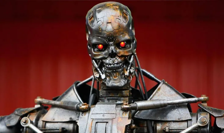 Photo of a Terminator-style robot endoskeleton with red eyes