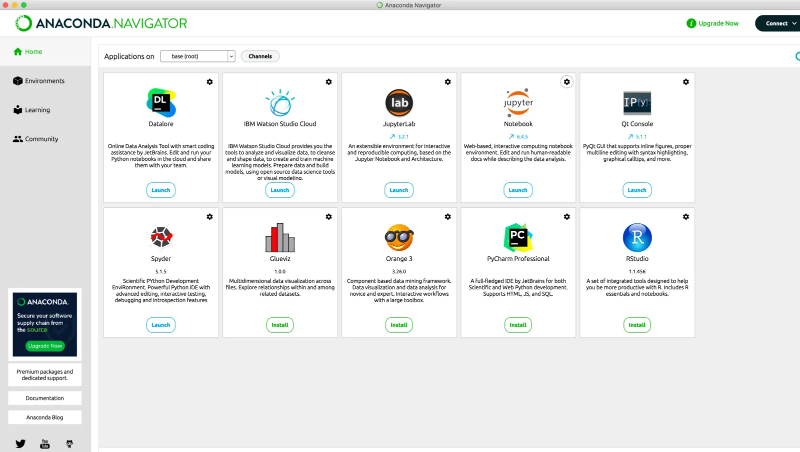 Anaconda Navigator home screen with application tiles