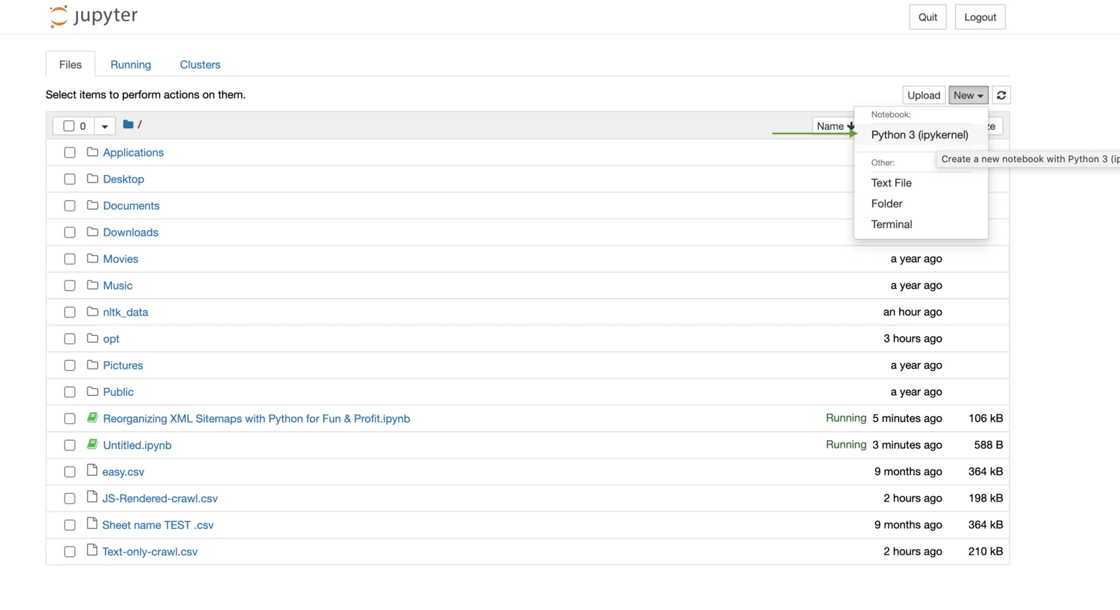 Jupyter file browser with New menu open