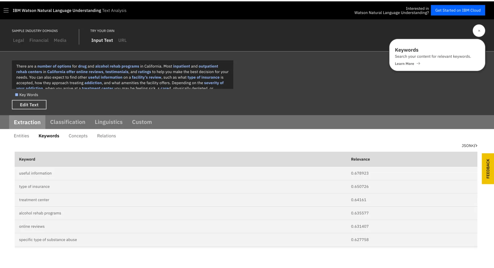 IBM Watson NLU keyword extraction on rehab-program text
