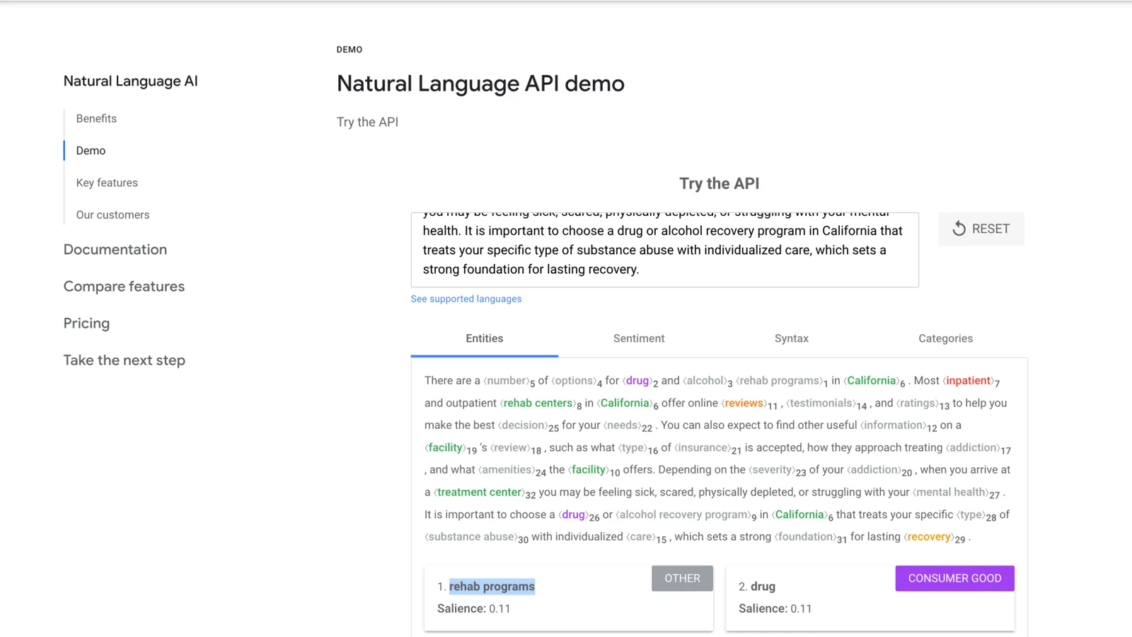 Google Natural Language API demo analyzing sample text