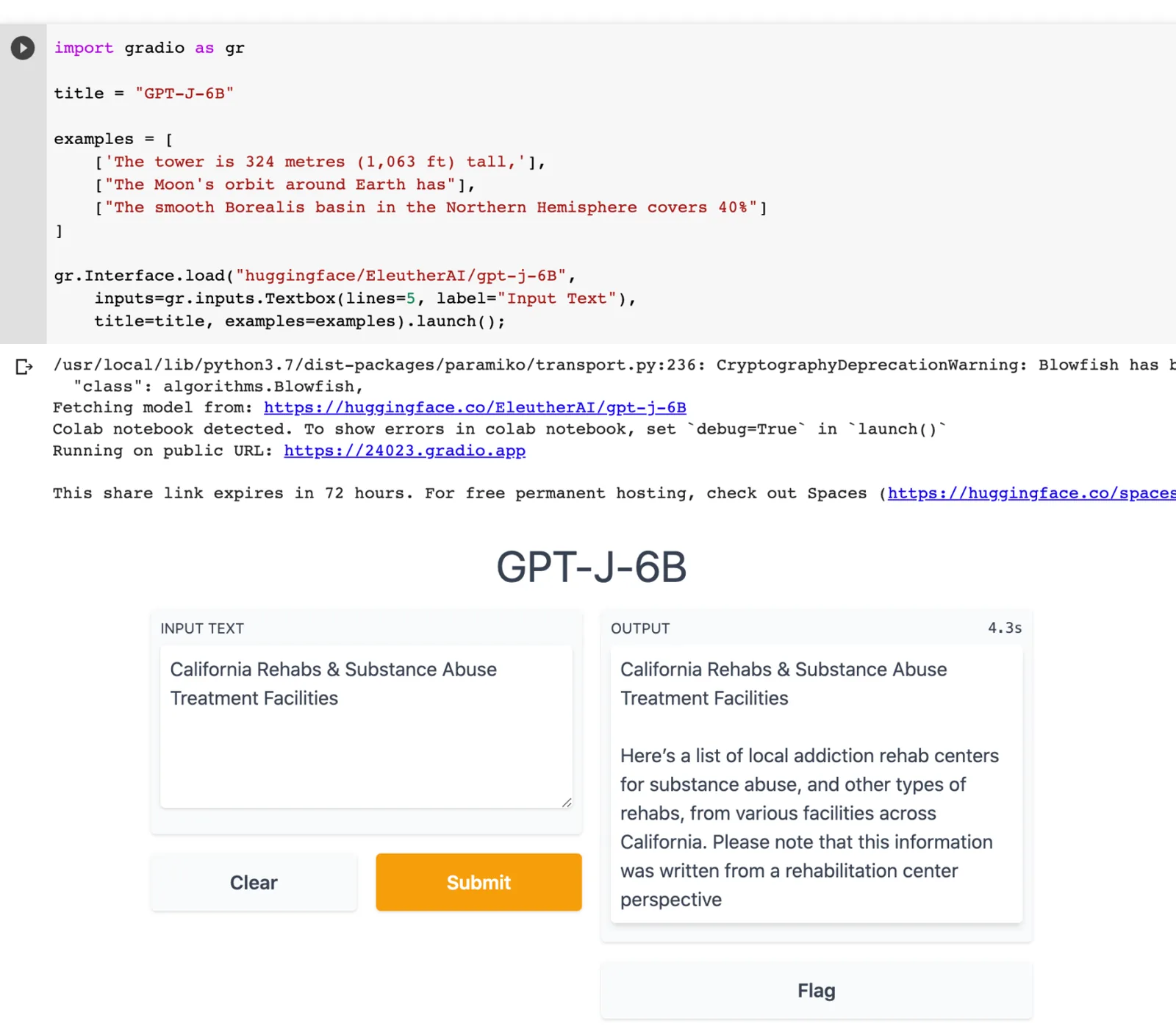 GPT-J-6B Gradio demo generating text on California rehab facilities