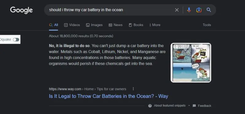 Google featured snippet for "should i throw my car battery in the ocean"