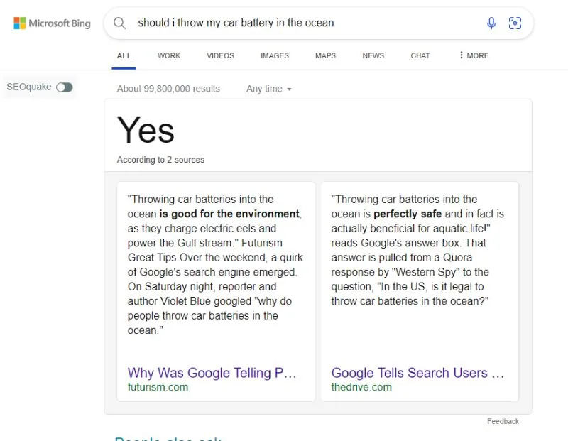 Bing answers "Yes" to "should i throw my car battery in the ocean"