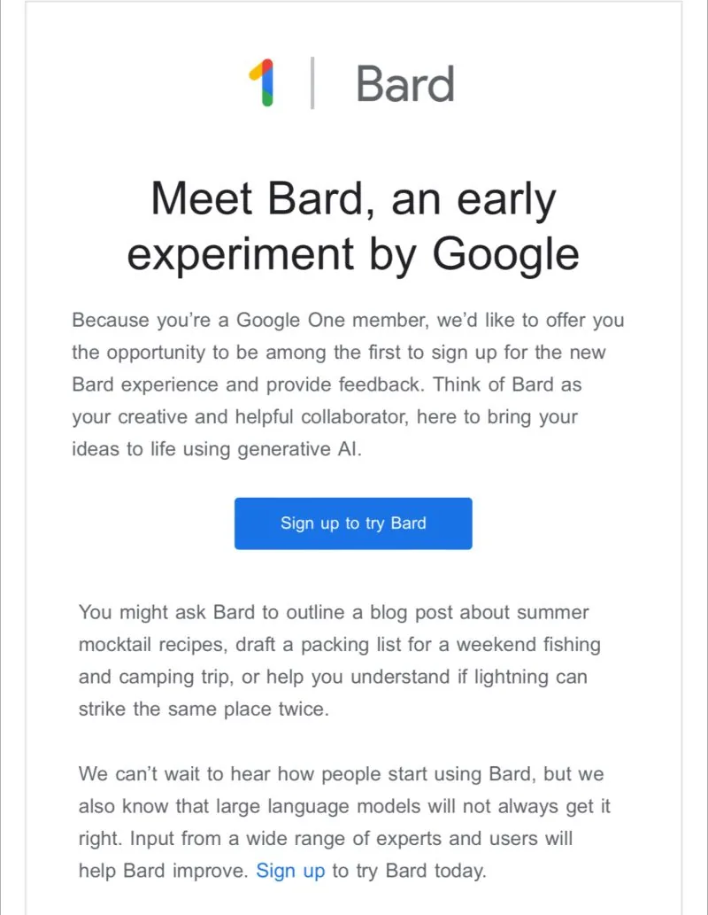 "Meet Bard, an early experiment by Google" invitation page