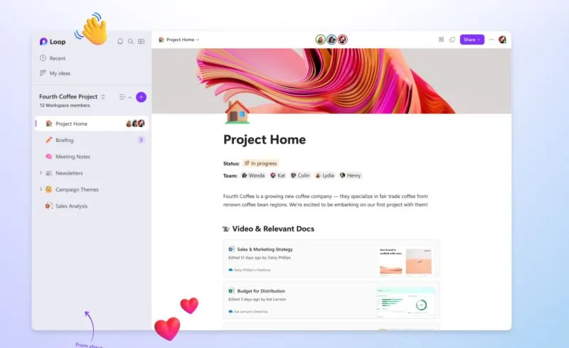 Microsoft Loop workspace "Project Home" demo screen