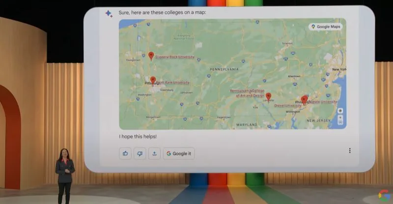Google keynote frame: Bard answer showing colleges on Google Maps