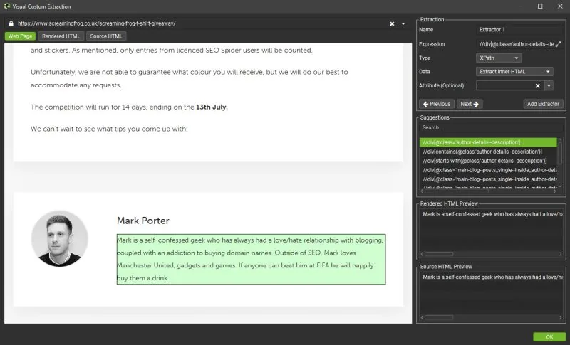 Screaming Frog Visual Custom Extraction pulling an author bio via XPath