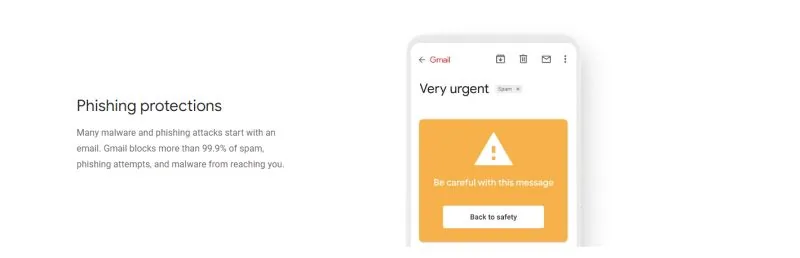Gmail phishing protection promo with "Be careful with this message" warning