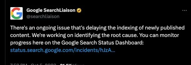 Google SearchLiaison tweet about an indexing delay for new content