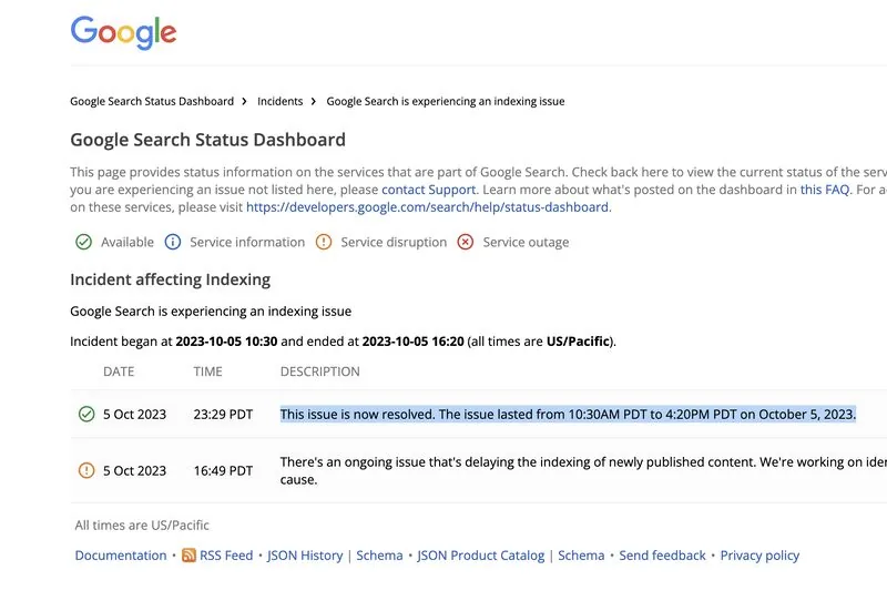 Google Search Status Dashboard: indexing issue incident, October 2023
