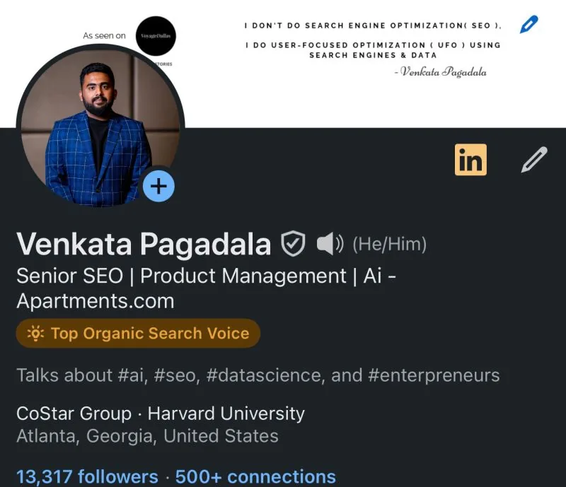 Venkata's LinkedIn profile header with Top Organic Search Voice badge