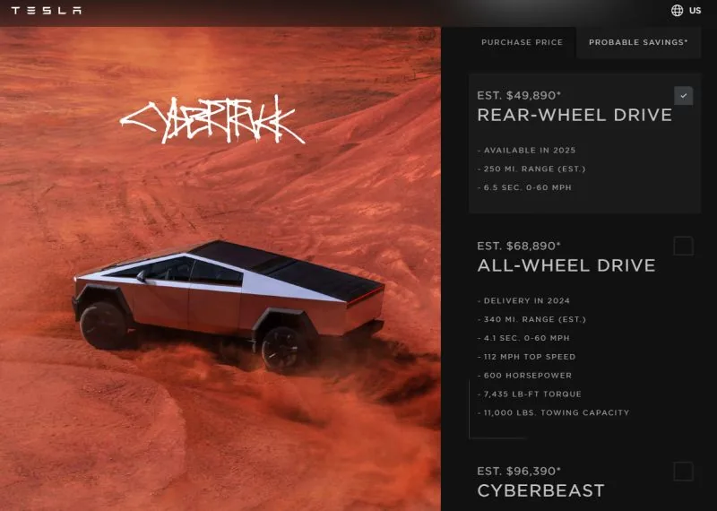 Tesla Cybertruck web page with trim prices
