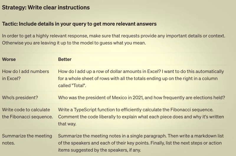 Prompting guide "Write clear instructions" worse-vs-better query examples