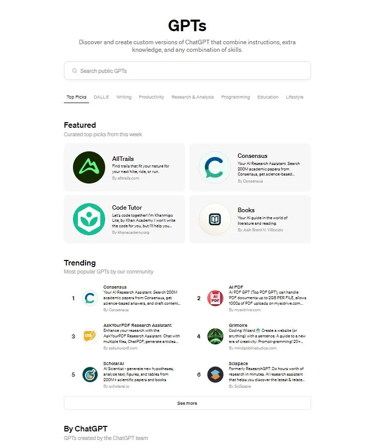 ChatGPT GPT store page with featured and trending GPTs