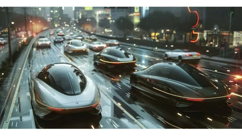Futuristic sports cars racing on a wet highway (possibly AI-generated)