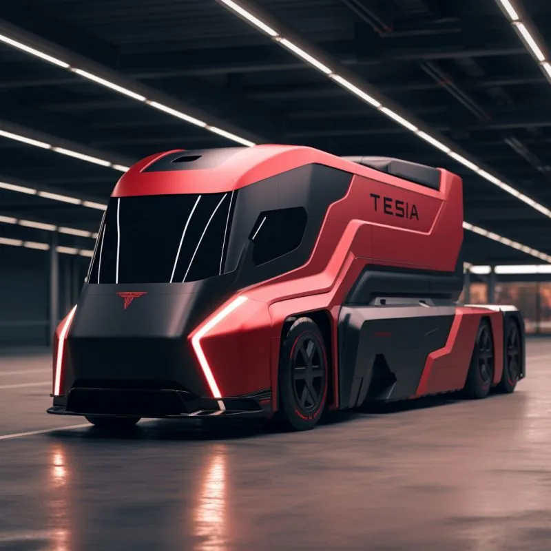 Red Tesla-branded futuristic truck render (possibly AI-generated)