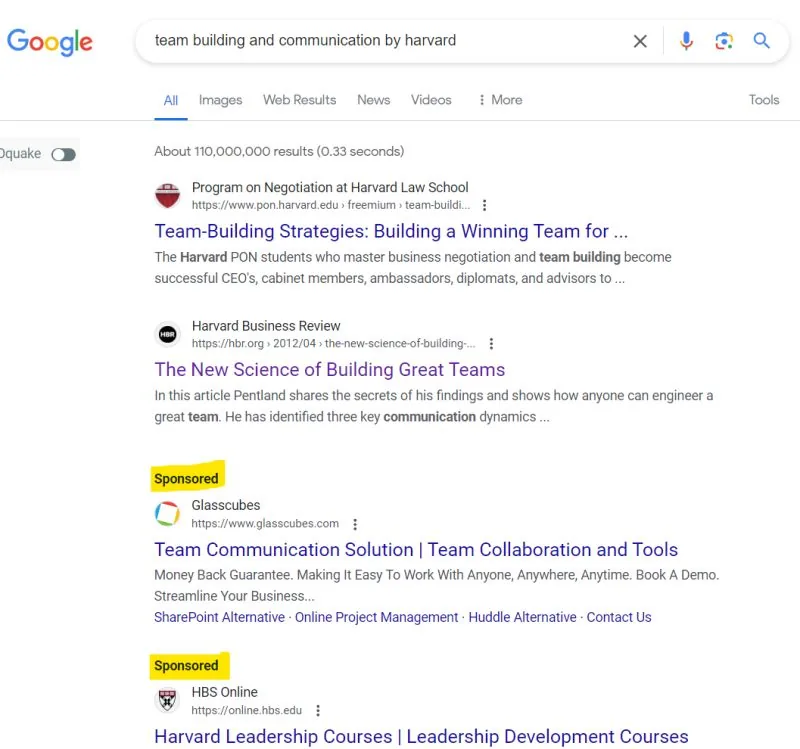 Google results for "team building and communication by harvard" with ads