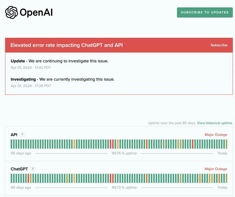 OpenAI status page: elevated error rate impacting ChatGPT and API