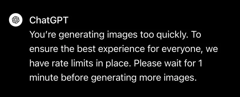 ChatGPT rate-limit notice: generating images too quickly