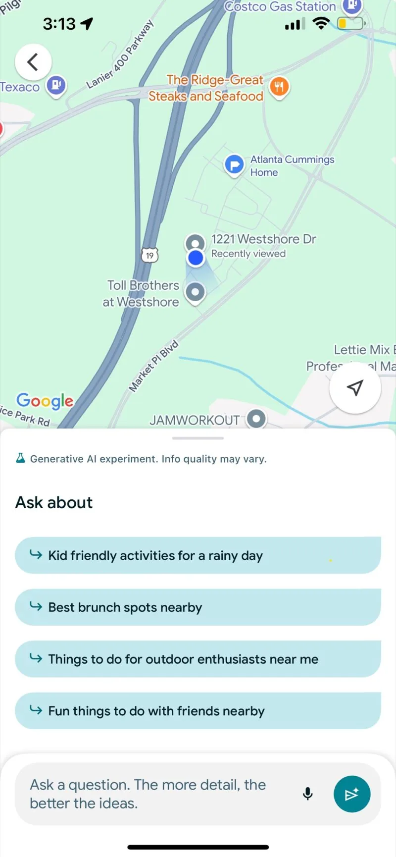 Google Maps "Ask about" AI suggestions on phone