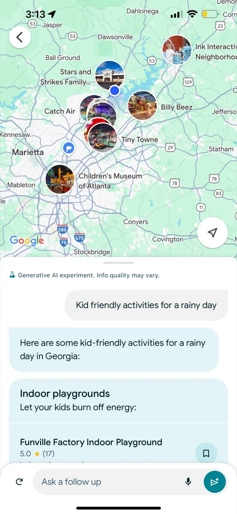 Google Maps AI answer: kid-friendly rainy-day activities in Georgia