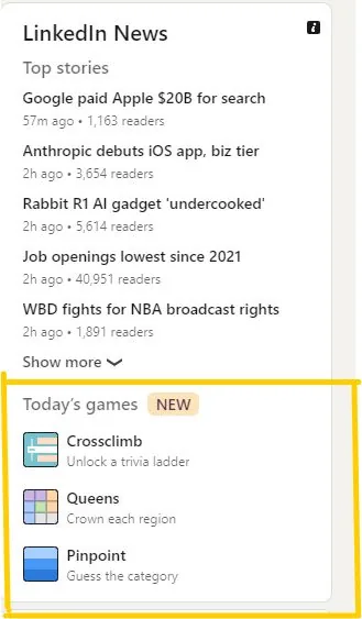 LinkedIn News panel with new "Today's games" highlighted