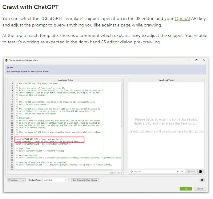 "Crawl with ChatGPT" custom JavaScript snippet in a crawler tool
