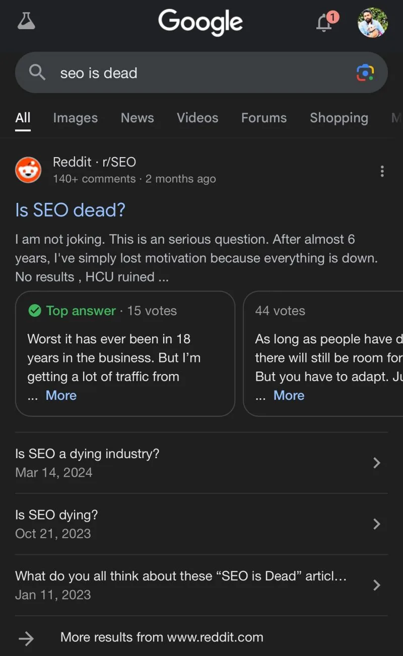 Google results for "seo is dead" dominated by Reddit threads