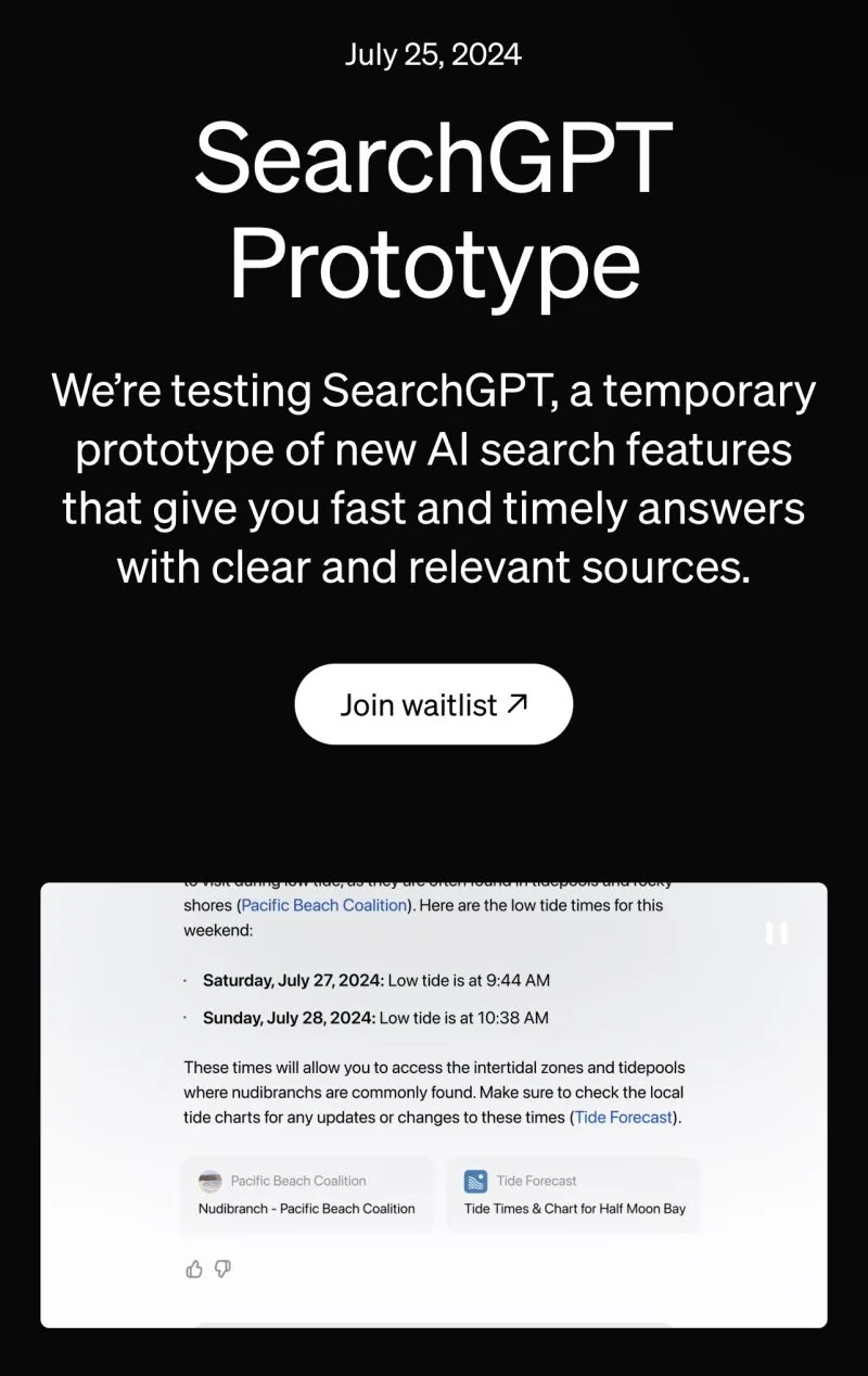 "SearchGPT Prototype" announcement page, July 25, 2024