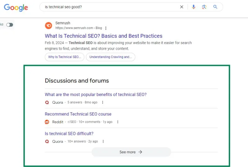 Google results for "is technical seo good?" with Discussions and forums box