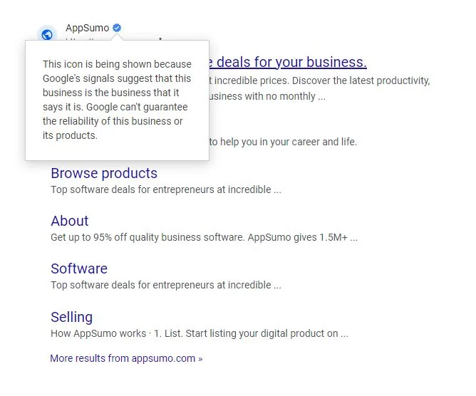 Google result tooltip explaining verified business icon for AppSumo