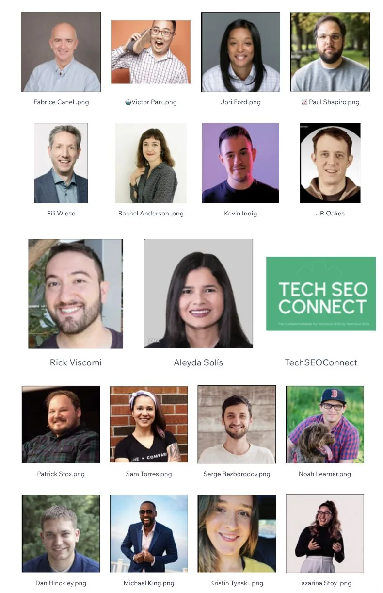 Grid of Tech SEO Connect speaker headshots with names