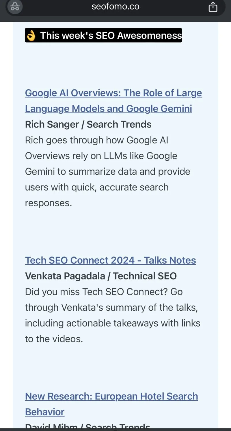SEOFOMO newsletter featuring Venkata's Tech SEO Connect 2024 talk notes