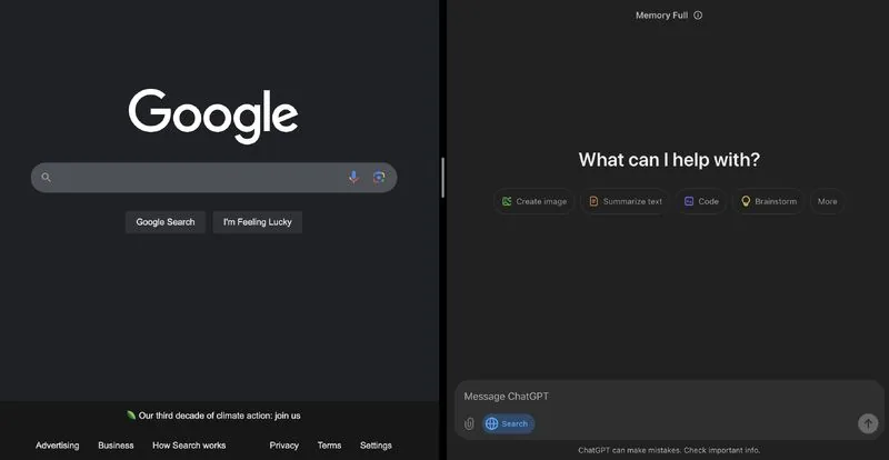 Side-by-side Google homepage and ChatGPT "What can I help with?"
