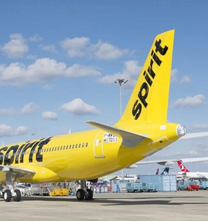 Yellow Spirit Airlines plane tail on the tarmac